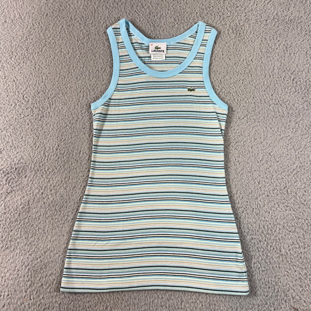 Lacoste Tank Top Women's US Size S (EU/2) Blue Striped Cotton Logo Ribbed Scoop